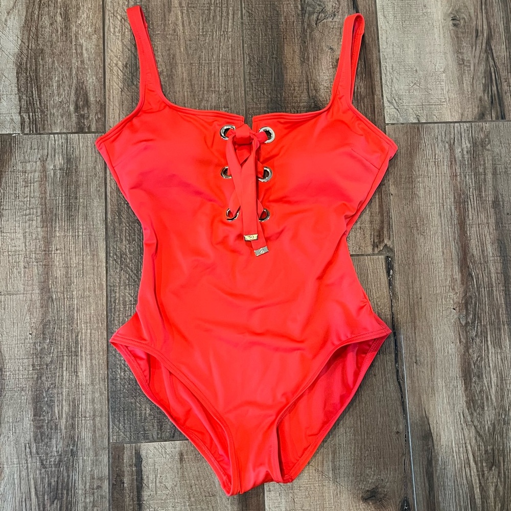 Michael Kors Pink Coral Lace Up One Piece Swimsuit